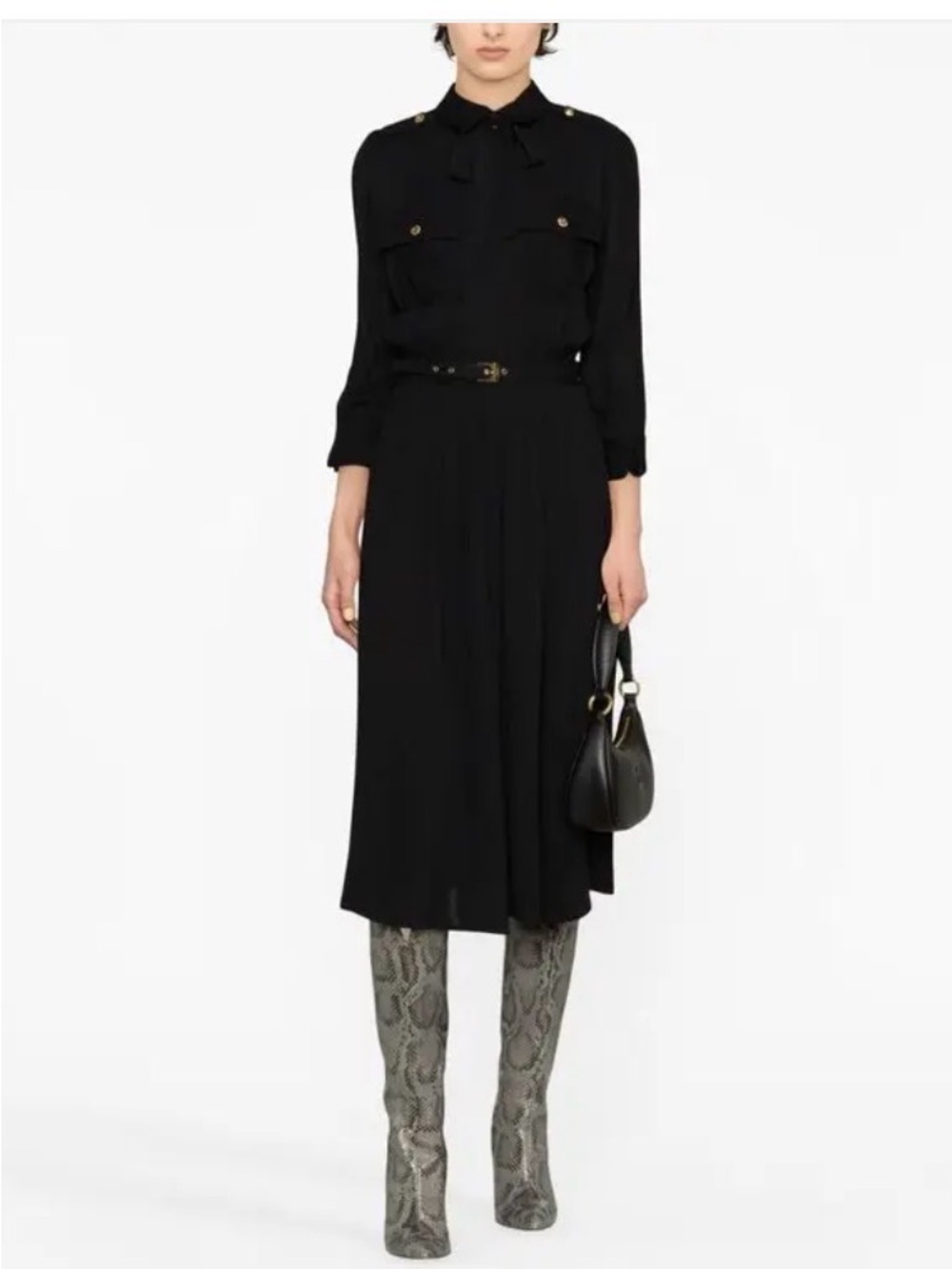 Elisabetta Franchi Black Three Quarter Sleeve Long Black Tie-Neck Midi Dress